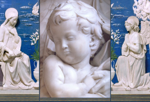 Virgen de Brujas. Detalle, Miguel Ángel y Encarnación. Autor: Andrea della Robbia.