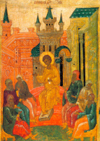 Jesús sentado en el Templo en medio de los doctores. Imagen del mes de junio.